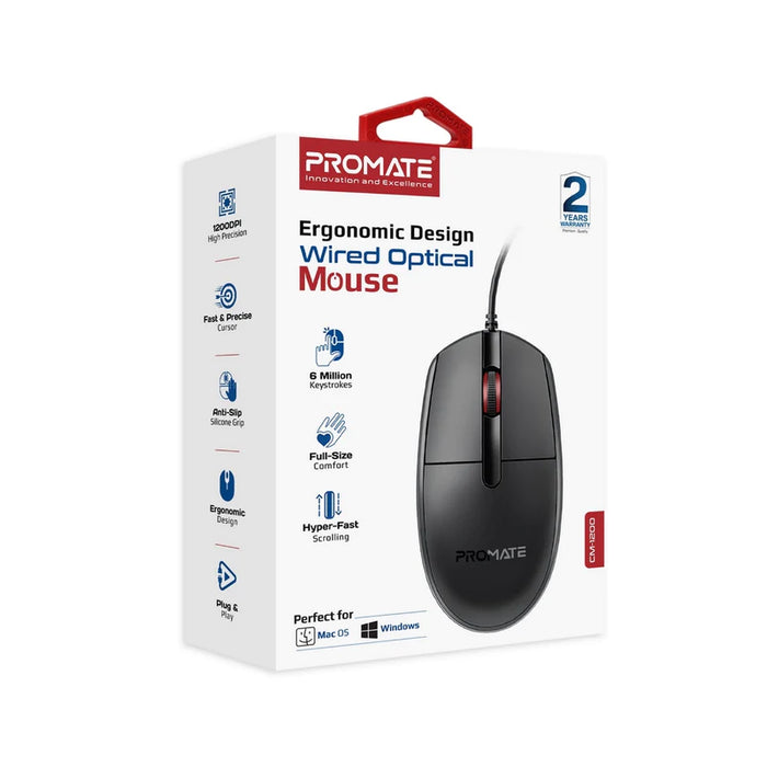 Promate CM-1200 Ergonomic Design Wired Optical Mouse