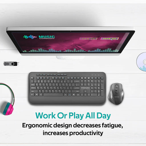 Promate ProCombo-8 Ergonomic Full-Size Wireless Keyboard & Mouse Combo with Palm Rest