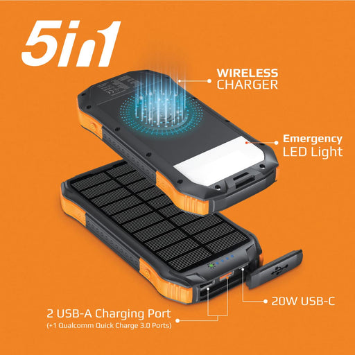 Promate SolarTank-10PDQi 10000mAh Rugged EcoLight Solar Power Bank