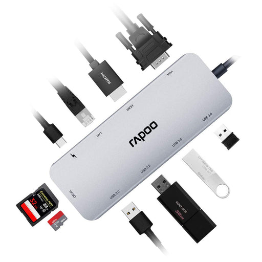 Rapoo 10-in-1 USB C Hub Adapter(XD200)-With 4K HDMI, 1080P VGA, SD/TF Card Reader, 4 USB 3.0 Ports, Type C Charging, RJ-45 Port