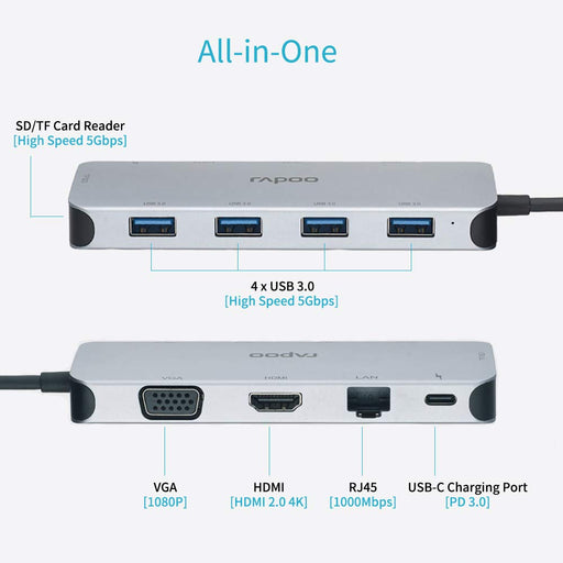 Rapoo 10-in-1 USB C Hub Adapter(XD200)-With 4K HDMI, 1080P VGA, SD/TF Card Reader, 4 USB 3.0 Ports, Type C Charging, RJ-45 Port