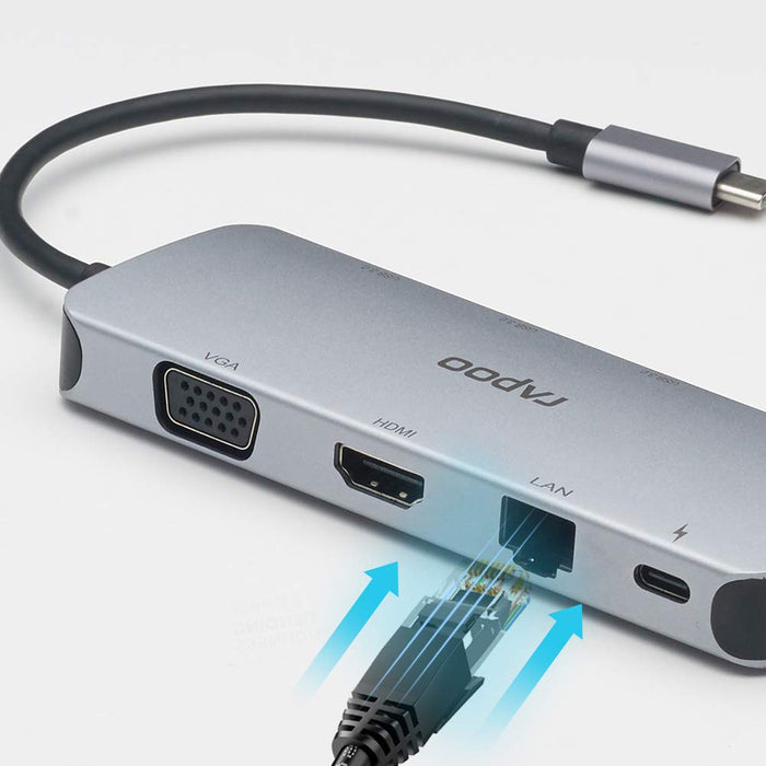 Rapoo 10-in-1 USB C Hub Adapter(XD200)-With 4K HDMI, 1080P VGA, SD/TF Card Reader, 4 USB 3.0 Ports, Type C Charging, RJ-45 Port