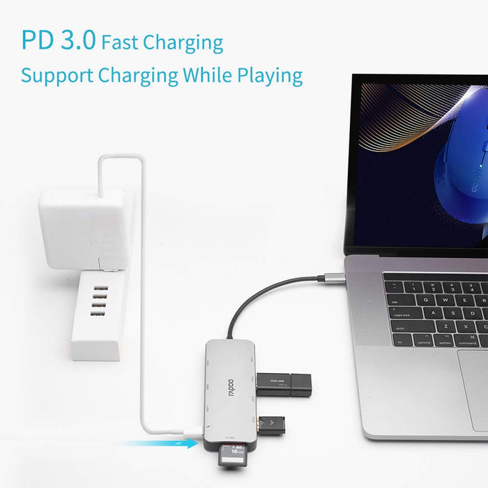 Rapoo 10-in-1 USB C Hub Adapter(XD200)-With 4K HDMI, 1080P VGA, SD/TF Card Reader, 4 USB 3.0 Ports, Type C Charging, RJ-45 Port