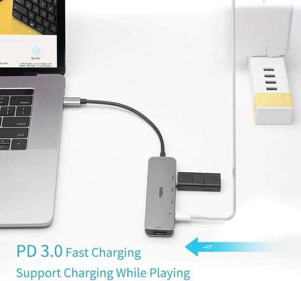 Rapoo 5 in 1 with 4K HDMI Type C Hub (XD100C)-3 USB 3.0 Ports, Type C Charging