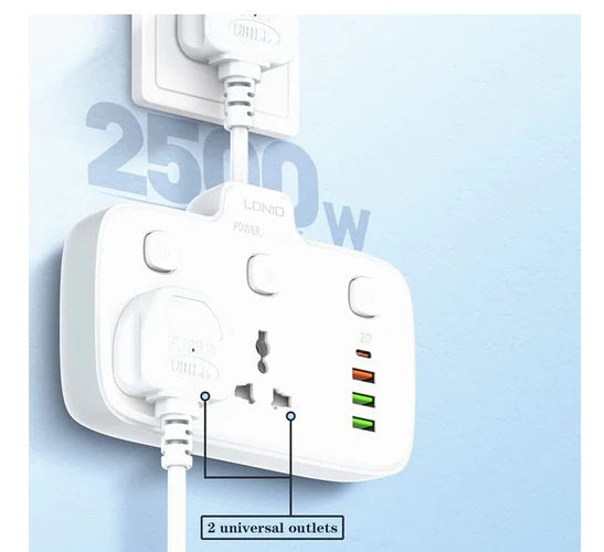 LDNIO SC2413 2 Universal Outlets Wall Power Socket 2500W With 1PD, 1 QC3.0 and 2 Auto-ID USB with individual switch