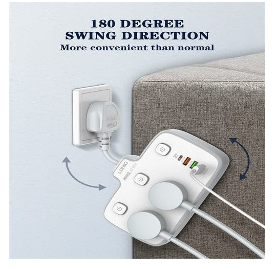 LDNIO SC2413 2 Universal Outlets Wall Power Socket 2500W With 1PD, 1 QC3.0 and 2 Auto-ID USB with individual switch