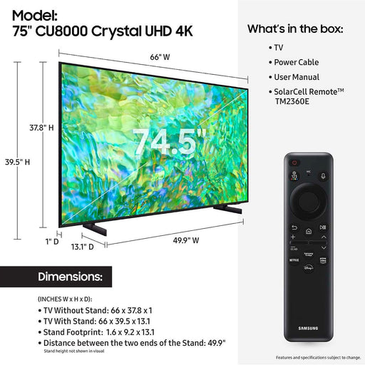 Samsung 75CU8000 75 Inch Crystal 4K UHD Smart LED TV With Built In Receiver (2023)