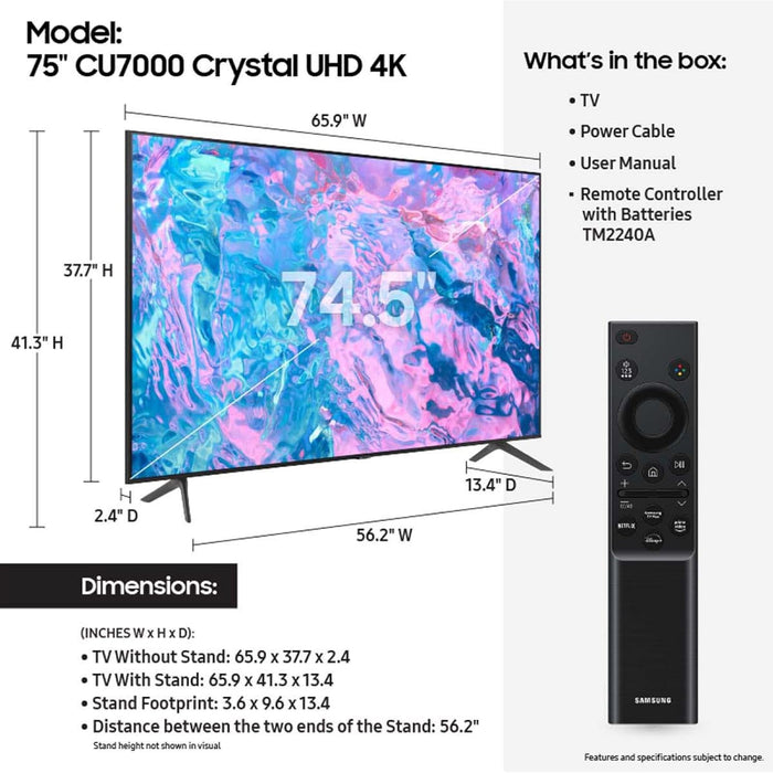 Samsung 75 Inch Crystal UHD 4K Smart TV with Built-in Receiver 2023 (75CU7000)