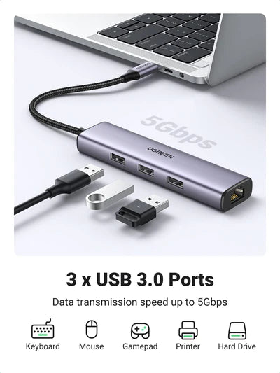 UGREEN CM475 USB-C to USB 3.0 Hub (3 Ports) + Gigabit Ethernet 4 in 1 Multiport Hub with Gigabit RJ45, Compatible with MacBook Pro Air, iMac, Mac Mini, iPad, Galaxy S23 S22, Surface Book, Dell XPS, Chromebook with USB-C PD - UG-20932