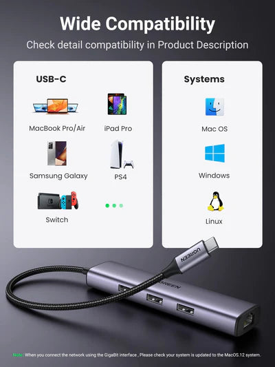 UGREEN CM475 USB-C to USB 3.0 Hub (3 Ports) + Gigabit Ethernet 4 in 1 Multiport Hub with Gigabit RJ45, Compatible with MacBook Pro Air, iMac, Mac Mini, iPad, Galaxy S23 S22, Surface Book, Dell XPS, Chromebook with USB-C PD - UG-20932