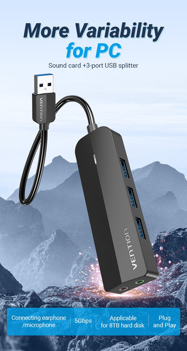 Vention 3-Port USB 3.0 Hub with Sound Card and Power Supply -  CHIBB