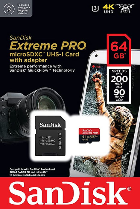 SanDisk 64GB Extreme PRO  micro SDXC Memory Card - SDSQXCU-064G-GN6MA   Memory card for  4K Video on Smartphones, Tablet, Camera