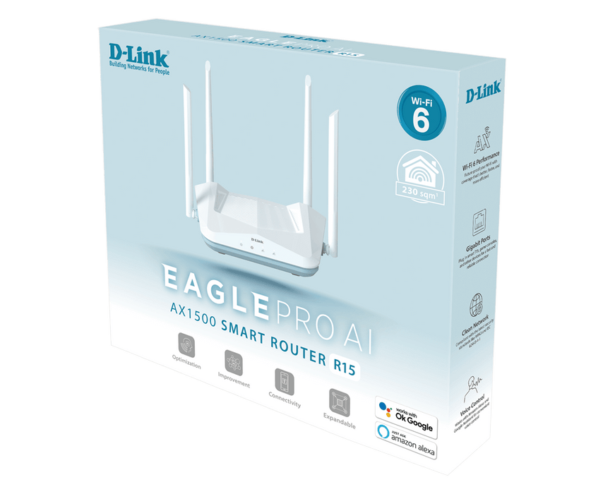 D-Link Wireless AX 1500 Wi-Fi 6 Dual Band AI Router, 3 x Gigabit LAN ports, Gigabit WAN, 4 external antennas, Voice Control, FOTA, D-Link AI technology, D-Link Wi-Fi Mesh, D-Link Ai APP Support, UK Plug - R15/BNA