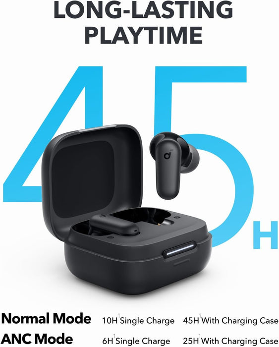 Anker Soundcore P30i True Wireless Noise-Canceling Earbuds – A3959Z11 showcase long-lasting playtime up to 45 hours.